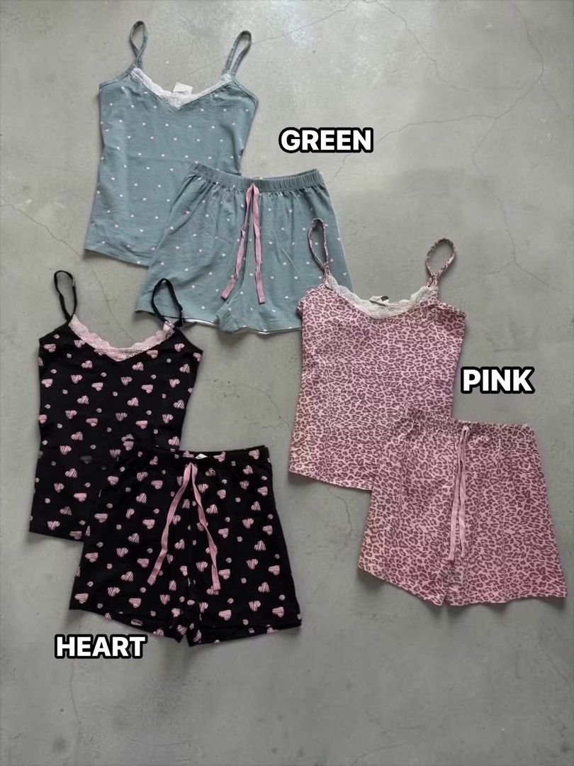 BRANDED SLEEP WEAR SEAT (Category: Sets or Coordinates) located in Manila. Submitted by jennysantos_ (Listing ID 1467210420, Image 2). Description: AVAILABLE SET PINK PEINT - (1) SMALL HEART - (1) XL GREEN- (1) XS (5) SMALL (6) MEDIUM (3)XL PINK PLAIN - (3) XS (2) SMALL WHITE - (11) SMALL (2) MEDIUM PALM - (4) MEDIUM LEMON - (1) XL (2) XXL PINK EYELET- (2) SMALL (11) MEDIUM (5) LARGE FLOWER - (10) SMALL (3) MEDIUM .