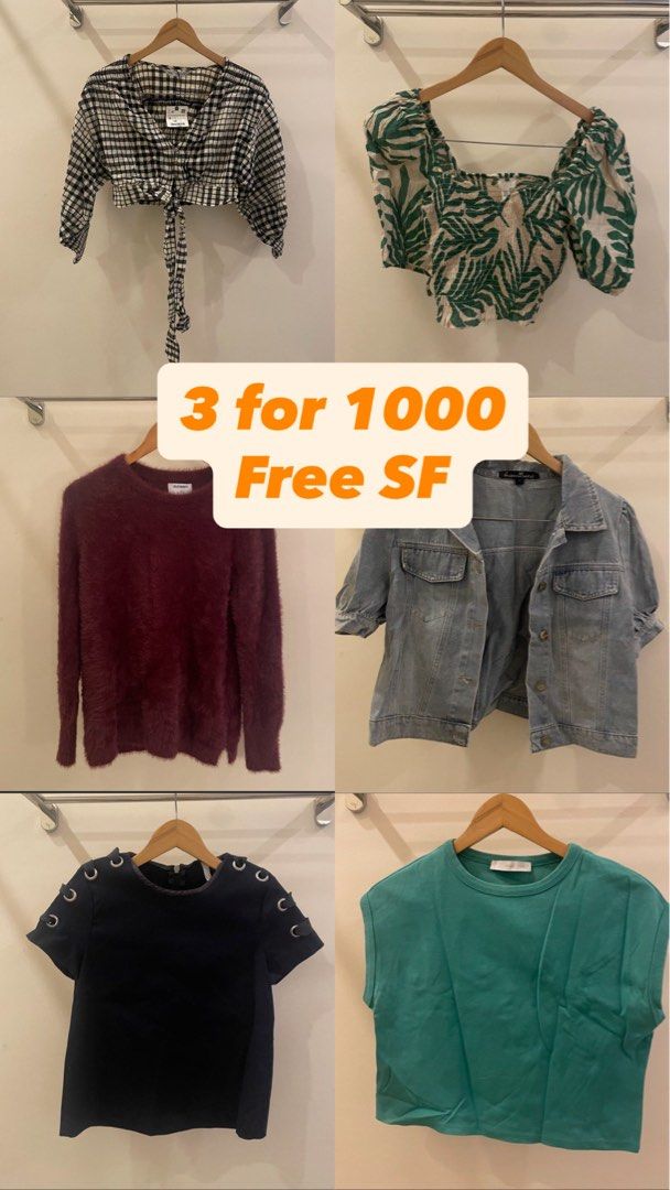 Branded tops - Zara, Mango, uniqlo etc (Category: Coats, Jackets and Outerwear) located in Cordon. Submitted by secondgreatt (Listing ID 1467297015, Image 2). Description: - PROMO DEAL: Any 3 items for only ₱1,000 - FREE SHIPPING included - Available items: Tops, bodysuits, jackets, and sweaters in various colors, patterns, and styles - Kindly message us to check the availability of specific pieces before placing your order.