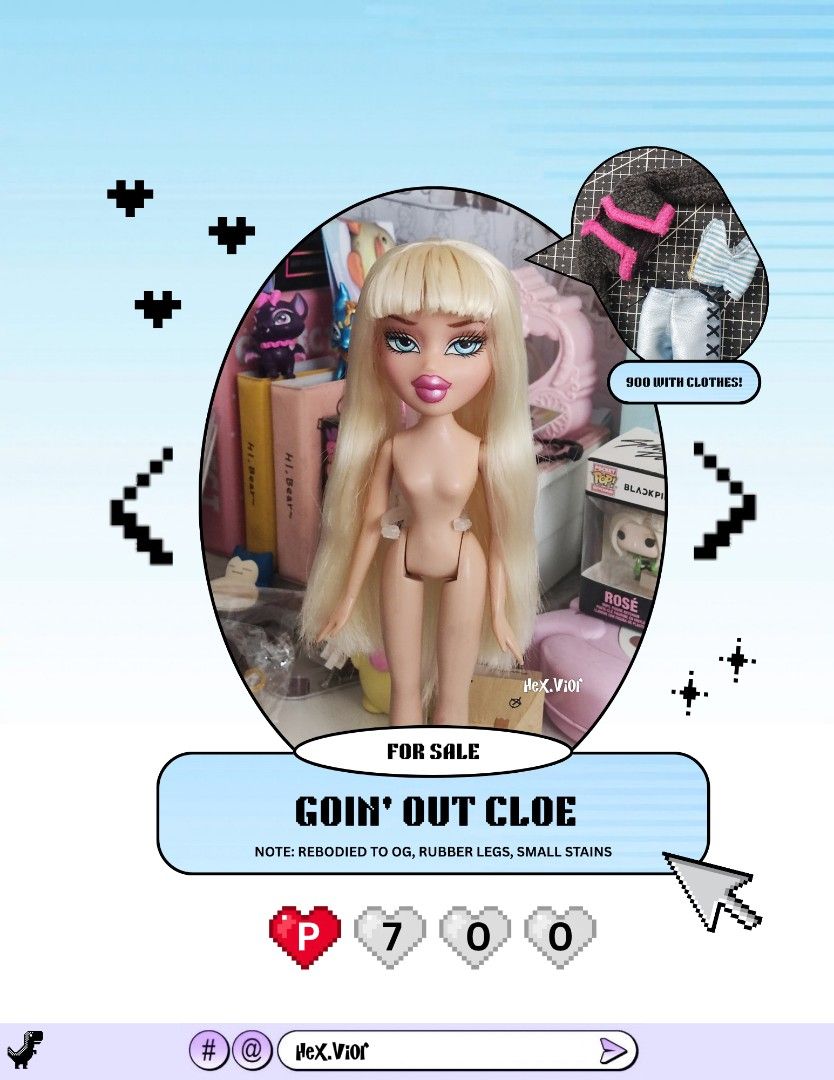 Bratz Goin' Out Cloe (Category: Kids Toys) located in Caloocan City. Submitted by hex.hiro (Listing ID 1467298710, Image 1). Description: P700 P900 with clothes - still has gel on her bangs - minimal stains on her body - rubber legs Mop: Gcash Mod: J&t.
