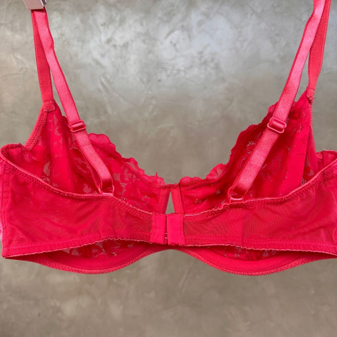 Bright Pink Lace Underwire Bra (Category: Undergarments & Loungewear) located in Balanga. Submitted by manitidiana (Listing ID 1467312155, Image 3). Description: - Color: Bright pink - Type: Unlined lace bra with underwire support - Straps: Adjustable double straps on each side - Details: Scalloped trim and vibrant floral lace fabric - Closure: Back hook-and-eye closure.