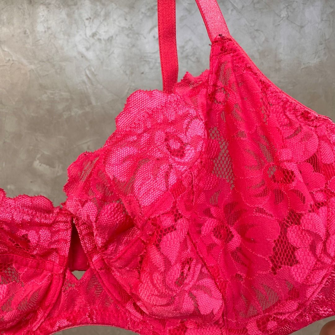 Bright Pink Lace Underwire Bra (Category: Undergarments & Loungewear) located in Balanga. Submitted by manitidiana (Listing ID 1467312155, Image 2). Description: - Color: Bright pink - Type: Unlined lace bra with underwire support - Straps: Adjustable double straps on each side - Details: Scalloped trim and vibrant floral lace fabric - Closure: Back hook-and-eye closure.