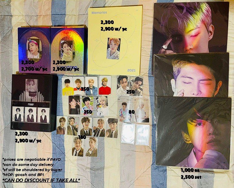 BTS Photocards and Albums (Category: K-Wave Merchandise) located in Santa Rosa. Submitted by talabm (Listing ID 1467341860, Image 1). Description: Prices are indicated on the photo.