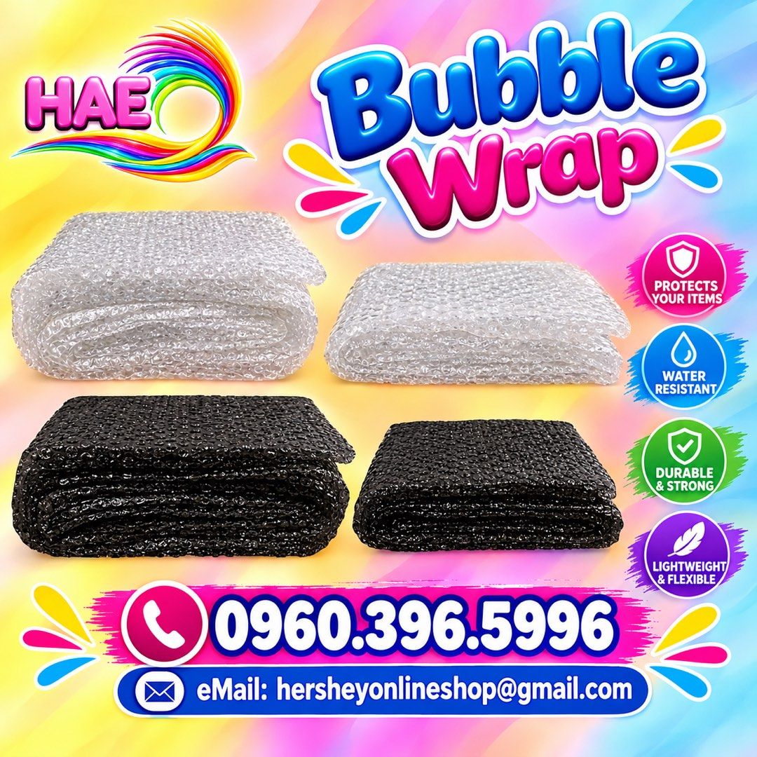 Bubble Wrap Black and Clear White For your Packaging - 20” & 40” x 100m (Category: Announcements) located in Marikina City. Submitted by jr.listings (Listing ID 1467213646, Image 3). Description: Bubble Wrap Black 20” x 10m = 98.00 40” x 10m = 190.00 Clear 20” x 100m 1 roll - 360.00 2 rolls - 692.00 4 rolls - 1,324.00 8 rolls - 2,536.00 Black 40” x 100m 1 roll - 700.00 2 rolls - 1,344.00 4 rolls - 2,576.00 8 rolls - 4,928.00 Ideal For: Online Sel