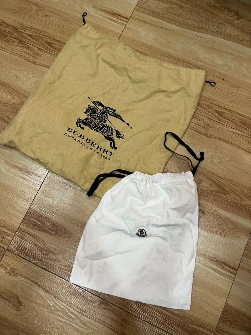 Burberry and moncler dust bag (Category: Luxury Bags & Wallets) located in Quezon City. Submitted by michypeachyy1 (Listing ID 1467294577, Image 1). Description: 650 plus shipping ASPACK ONLY.