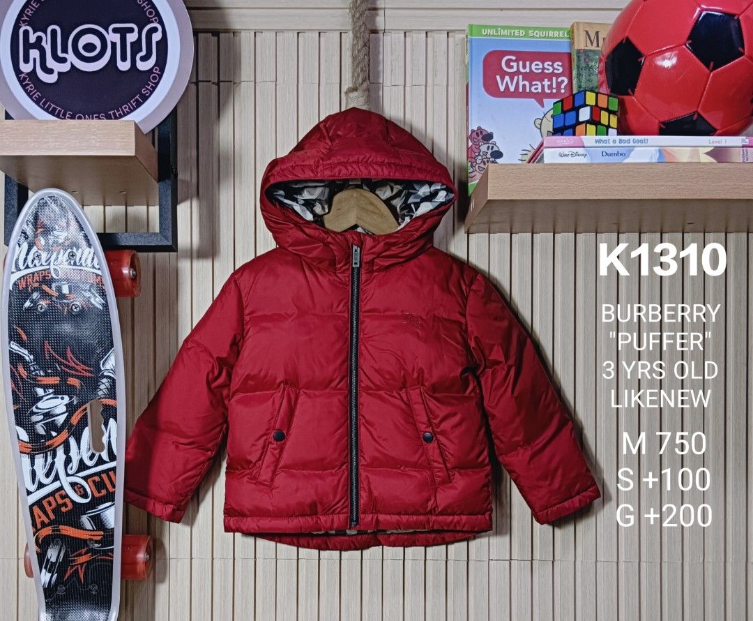 Burberry Puffer Jacket (Category: Babies & Kids Fashion) located in Manila. Submitted by kidsthrifthustle (Listing ID 1467250043, Image 1). Description: BURBERRY PUFFER JACKET (LEGIT) 3 YRS OLD LIKENEW CONDITION.