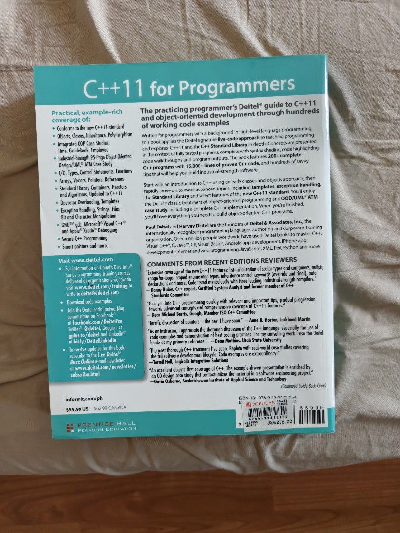 C++ 11 for Programmers (Category: Textbooks) located in Kuala Lumpur. Submitted by wenkai29 (Listing ID 1467337666, Image 2). Description: - Title: C++11 for Programmers - Authors: Paul Deitel & Harvey Deitel (Deitel Developer Series) - Meet up or POS - Interested pls pm :).