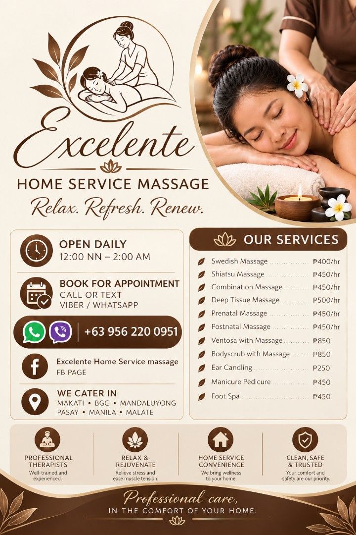Call for home service massage (Category: Body Care) located in Manila. Submitted by excelentehomeservicemassage-29 (Listing ID 1467192400, Image 1). Description: .