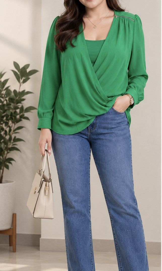 Calvin Klein Green Wrap Blouse (Category: Blouses) located in Antipolo. Submitted by harlowwillow (Listing ID 1467173551, Image 2). Description: 🙅‍♀️NO TO LOW BALLERS No size on tag W L - Color: Bright green - with green inner like - Style: Wrapped front design with zipper hardware on both shoulders - Sleeves: Long sleeves with button cuffs and can be folded - Fabric: Soft drape, comfortable fit - Condition: Good, with tiny dark ink mark on the 