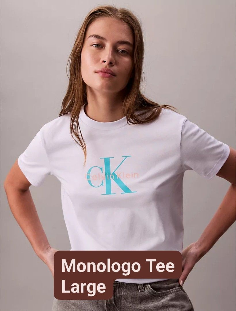 Calvin Klein Monologo Tee Large (Category: Blouses) located in Manila. Submitted by kpayum (Listing ID 1467199889, Image 1). Description: - Brand: Calvin Klein - 💯 Authentic from 🇱🇷 - Size: Large - Color: White with turquoise monologo graphic - Fit: Relaxed fit, short sleeves, crew neck - Material: Comfortable & breathable standard cotton - Style: Versatile everyday casual wear, easy to pair with jeans or shorts RFS: pumayat ung owner bago dum