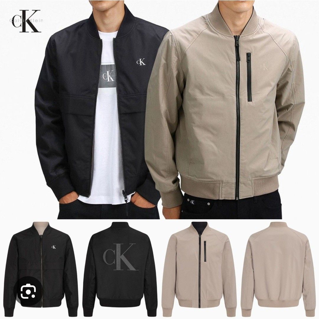 Calvin Klein Reversible Bomber Jacket Medium (Category: Coats, Jackets and Outerwear) located in Plaridel. Submitted by igieperez147282 (Listing ID 1467304692, Image 2). Description: - Brand: Calvin Klein - Style: Reversible bomber jacket - Size: Medium (Measures 22" x 26") - Colorway: Beige on one side, Black on the other - Details: Large CK logo printed on the black side, chest zipper pocket - Condition: Great outerwear piece for cooler weather