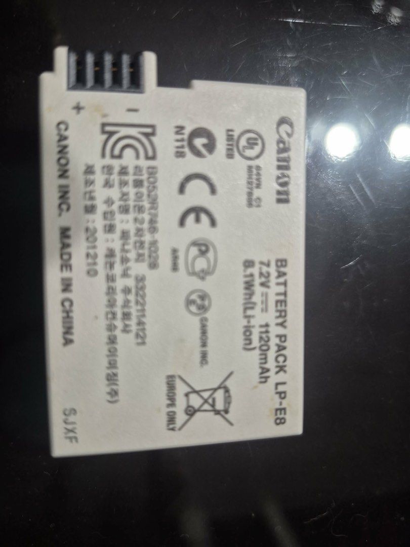 Canon Battery Pack LP-E8 (Category: Batteries & Chargers) located in Manila. Submitted by munggomooo (Listing ID 1467172564, Image 2). Description: - Genuine replacement or spare battery for Canon DSLRs - Voltage: 7.2V - Capacity: 1120mAh (8.1Wh) - Battery Type: Li-ion rechargeable - Model: LP-E8 - Made in China.