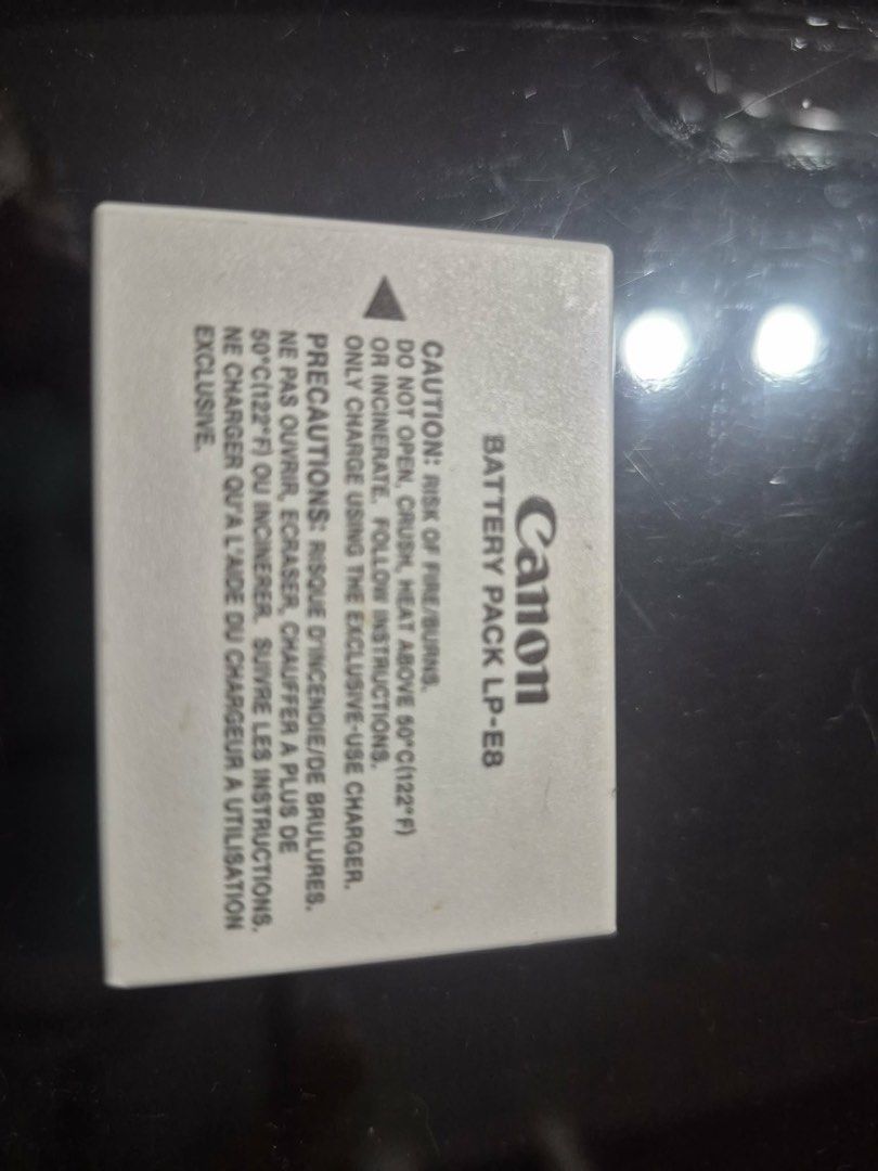 Canon Battery Pack LP-E8 (Category: Batteries & Chargers) located in Manila. Submitted by munggomooo (Listing ID 1467172564, Image 1). Description: - Genuine replacement or spare battery for Canon DSLRs - Voltage: 7.2V - Capacity: 1120mAh (8.1Wh) - Battery Type: Li-ion rechargeable - Model: LP-E8 - Made in China.