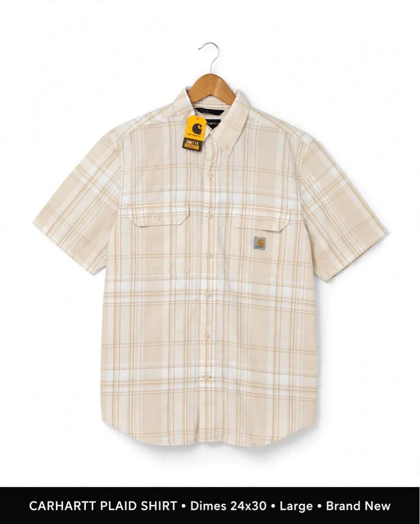 CARHARTT PLAID SHIRT (Category: Tshirts & Polo Shirts ) located in Lucena. Submitted by jestonioab55753 (Listing ID 1467293584, Image 1). Description: - Brand: Carhartt - Condition: Brand new with original tags attached - Color: Classic beige and white plaid - Style: Short-sleeve, button-down front and collar - Features: Two button-flap chest pockets with signature Carhartt logo patch - Fit: Fits large.