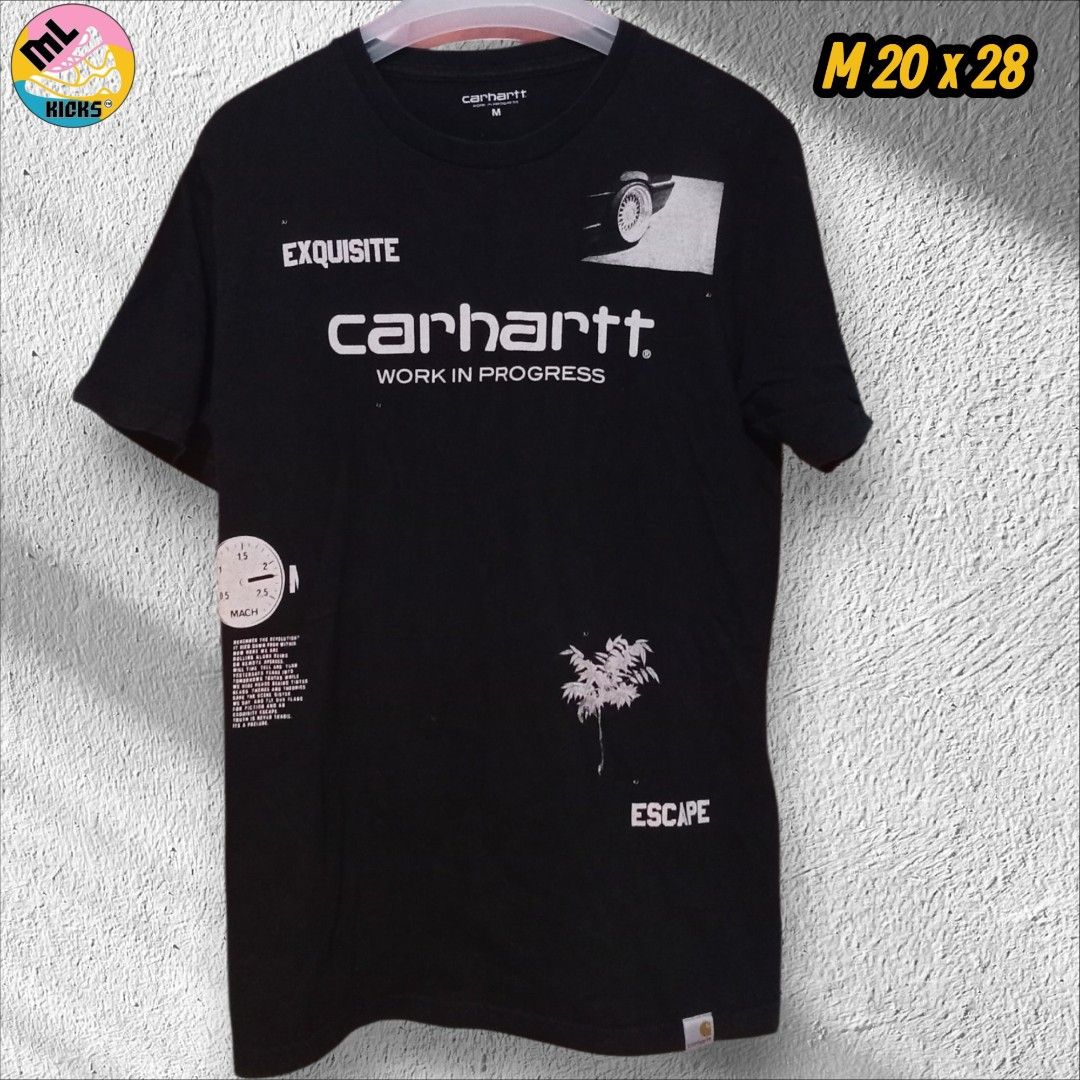Carhartt WIP Script Escape T-Shirt Black Size M (Category: Tshirts & Polo Shirts ) located in Manila. Submitted by okellorrai95403 (Listing ID 1467231561, Image 1). Description: - Brand: Carhartt WIP - Color: Black - Size: Medium (Measures 20" x 28") - Design: Large front logo, 'Exquisite, Escape' text, and wheel graphic - Material: 100% cotton - Details: Includes neck tag and woven hem label - Condition: Clean, excellent overall condition.