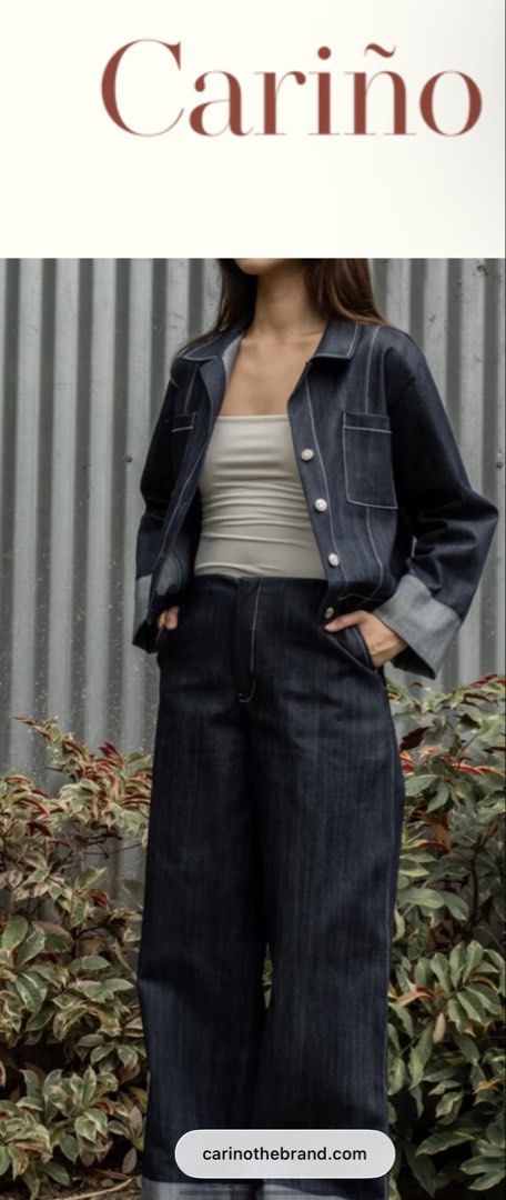 Cariño Denim Jacket XS (Category: Coats, Jackets and Outerwear) located in Quezon City. Submitted by lovedbymca (Listing ID 1467246721, Image 1). Description: - Brand: Cariño - Size: XS - Color: Dark wash denim with contrast white stitching - Details: Chest pockets, silver-tone buttons, collared neckline, long sleeves - Retail Price: 3,950 PHP.