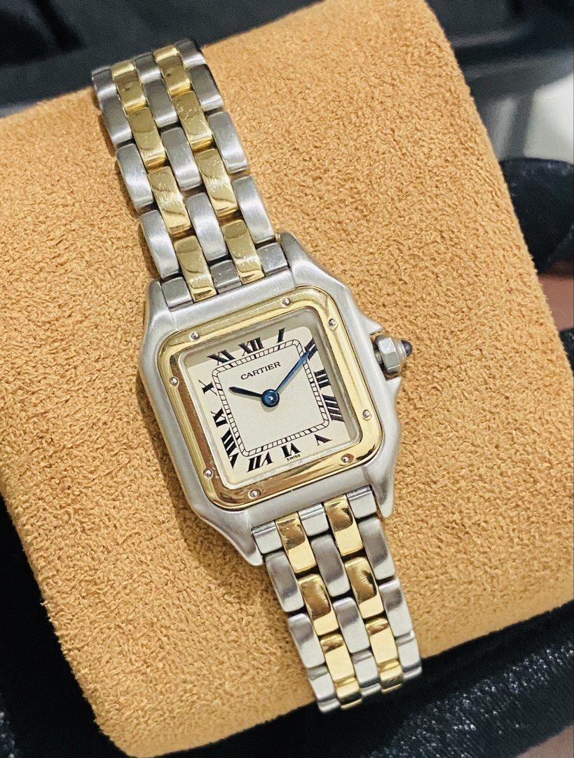 Cartier Panthere (Category: Luxury Watches) located in Bulacan. Submitted by youlovewatches (Listing ID 1467197747, Image 1). Description: Cartier Panthere 2-Rows Gold Ladies All Stainless steel 15cm approx wrist size Quartz Movement 9/10 - All working condition Guaranteed Authentic Open for Layaway Open for authentication Can be buff upon request Set with: Cartier Box, Manual, Paper Bag Dm for more info..