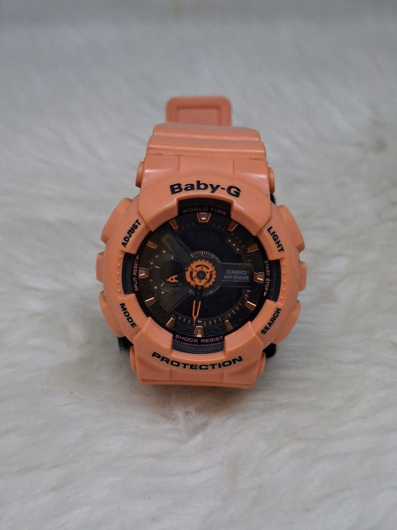 Casio Baby-G BA-111 pink (Category: Women's Watches) located in Manila. Submitted by jonrick.co (Listing ID 1467302994, Image 1). Description: - Authentic Casio Baby-G watch in trendy soft orange - Analog and digital display with elegant rose gold hands and markers - Tough shock-resistant construction for everyday durability - 10 bar (100 meters) water resistance - World time function for travelers - Comfortable resin strap with a secure stainles