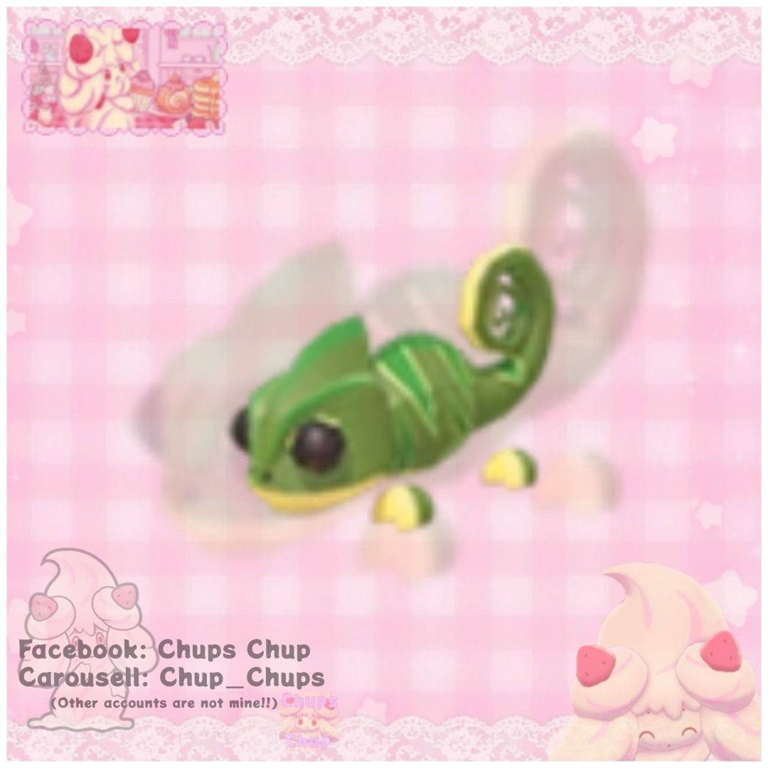 🦎CHAMELEON 🦎 // ADOPT ME (Category: In-Game Products) located in Quezon City. Submitted by pieumyq2006 (Listing ID 1467316585, Image 1). Description: ✨ Stock: 2 ✨ MOP: GCASH ONLY ❤️ will meet you in-game! ^^❤️.