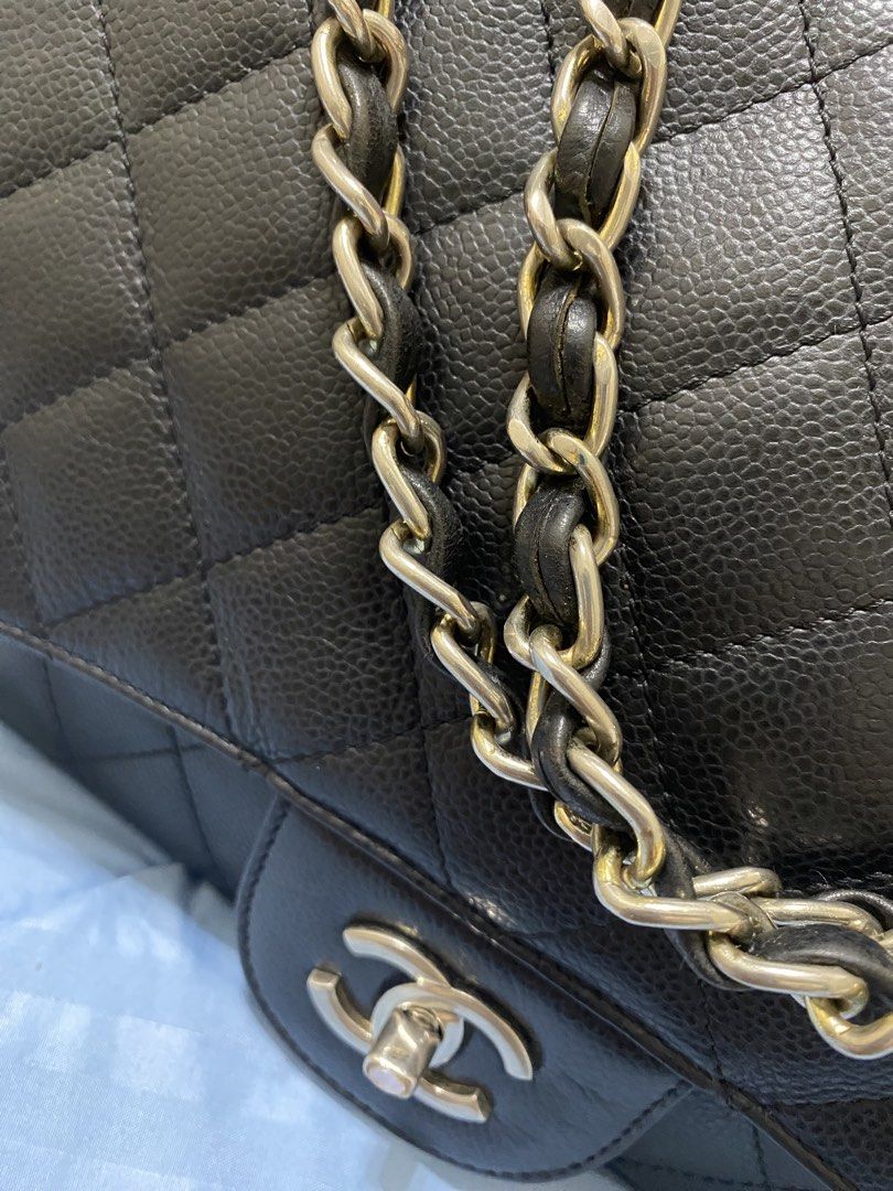 Chanel Classic Single Flap Jumbo Black Caviar (Category: Luxury Bags & Wallets) located in Quezon City. Submitted by jamie_87 (Listing ID 1467340024, Image 2). Description: Rank B (Others may rate it C–D, pero ang ganda nito in person!) Price is still negotiable (PM me now!) RLG: No funds for gold electroplating. Pros: Clean inside and out (of course!), no powder residue or stickiness. CC turn-lock is smooth to twist. Condition: Signs of wear on 