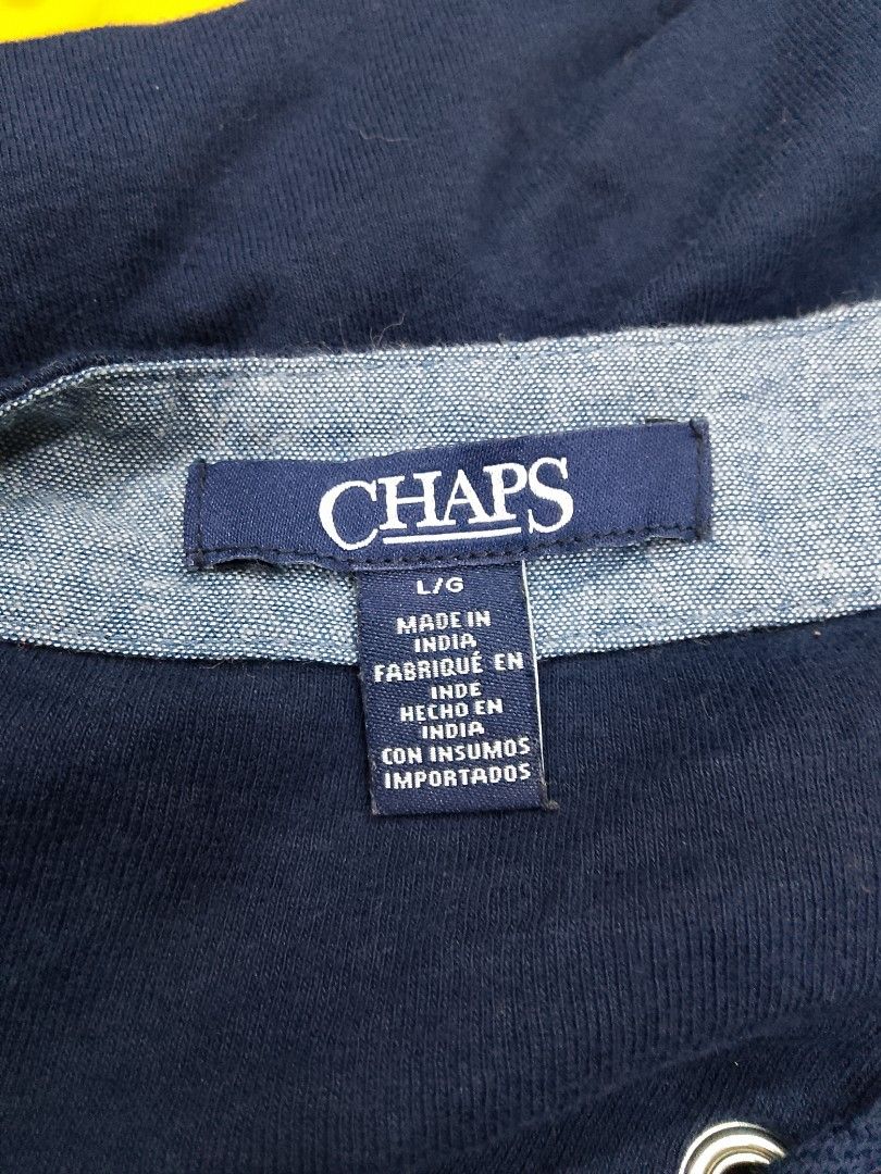 Chaps Navy Blue Lace-Up Short Sleeve Top (Category: Shirts) located in Midsayap. Submitted by jarethshop (Listing ID 1467319650, Image 3). Description: - Brand/Model: Chaps navy blue top - Size: L - Details: Short sleeves, lace-up neckline with silver metal grommets, contrast chambray inner collar trim - Style: Casual everyday wear - Origin: Made in India - Condition: Clean and ready to wear.