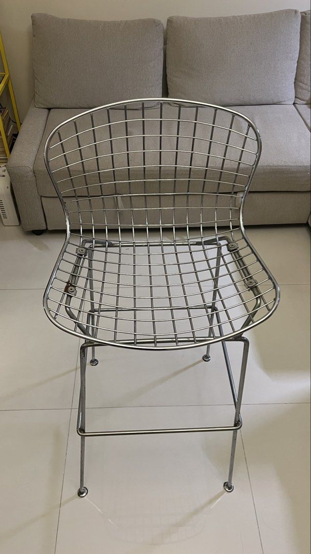 Chrome Wire Grid Bar Stool Modern Industrial Chair (Category: Chairs) located in Muntinlupa City. Submitted by antawncampos (Listing ID 1467318302, Image 2). Description: - Style: Modern industrial chrome wire bar stool with a trendy grid design - Build: Sturdy, heavy metal construction with a clean, polished finish - Features: High metal legs equipped with a built-in footrest bar - Condition: Great for use, with only minor signs of handling near