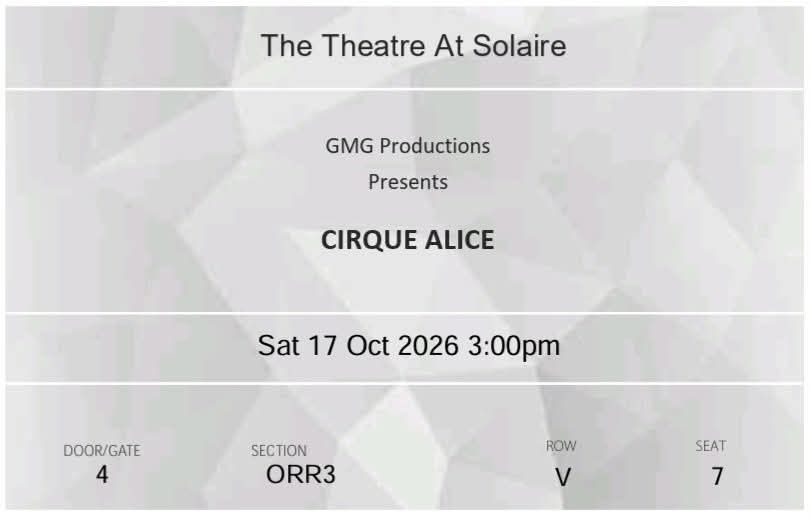 Cirque Alice Oct 17 3pm ticket (Category: Events Tickets) located in Caloocan City. Submitted by mama_mia20 (Listing ID 1467322817, Image 1). Description: Selling this tix due to unforeseen circumstances. Price is slightly negotiable. Orchestra section yan, sa gitna..
