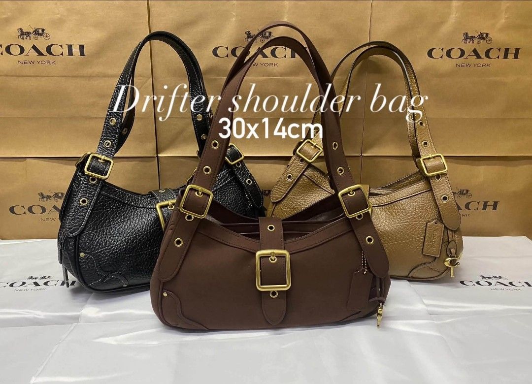 Coach Drifter Shoulder Bag 30x14cm (Category: Shoulder Bags) located in Manila. Submitted by fashionbags_21 (Listing ID 1467230830, Image 1). Description: - Brand: Coach Drifter shoulder bag - Dimensions: 30 x 14 cm - Material: Premium pebble leather with brass hardware - Colors available: Black, Brown, Tan - Features: Front flap closure, secure zipper closure, interior compartments, buckled straps, and adjustable shoulder straps - Inclusions: Ha