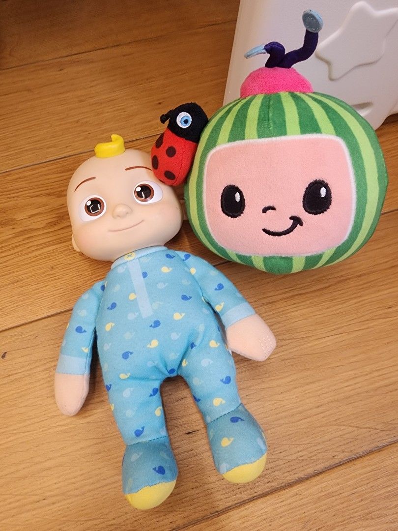 CoComelon JJ Doll and Melon Plush Toy Set (Category: Plushies & Soft Toys) located in Manila. Submitted by wardrobemanila (Listing ID 1467188526, Image 2). Description: used but ok pa maayos pa, labhan nyo nlng, selling low just to dispose. cocomelon brand sya talaga take both na ito - Official CoComelon JJ plush doll wearing adorable blue whale print pajamas - Comes with his signature green and pink watermelon plush toy featuring a cute ladybug 