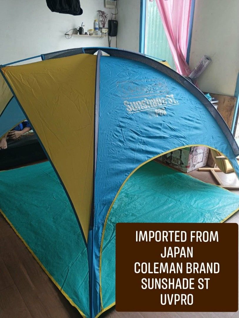Coleman Sunshade ST UVPro Imported From Japan (Category: Hiking & Camping) located in Valenzuela. Submitted by gracebacot17959 (Listing ID 1467211752, Image 1). Description: - Authentic Coleman Sunshade ST UVPro tent (imported straight from Japan) - Eye-catching blue and yellow colorway with built-in UV protection - Easy setup with an attached tarp floor - Includes all poles and the original turquoise drawstring carry bag - Clean fabric, perfect 