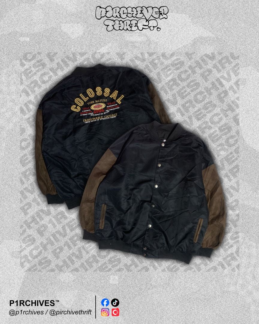 (FREE SHIPPING) Colossal Leather Suede Varsity Jacket (Category: Coats, Jackets and Outerwear) located in San Juan City. Submitted by p1rchives (Listing ID 1467202644, Image 1). Description: Measurements: • W: 27" x L: 28" Fabric / Material: • Nylon, Suede Issues: • None DM FOR PRICE & INQUIRIES. 📍 San Juan City 🚚 Meetups around San Juan City 📦 J&T Delivery (FREE SHIPPING) 🛵 Lalamove All items are handpicked and thrifted. Please manage your e