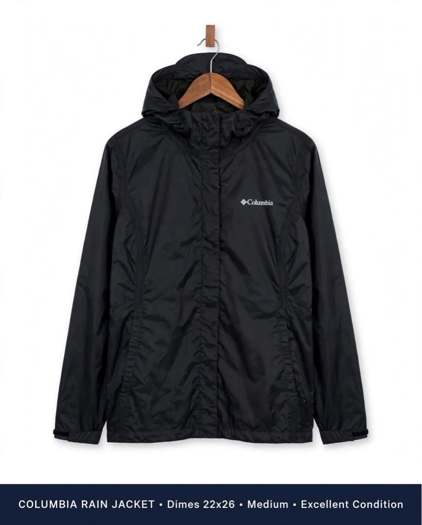 Columbia Rain Jacket Black Medium 22x26 (Category: Coats, Jackets and Outerwear) located in Lucena. Submitted by jestonioab55753 (Listing ID 1467295322, Image 1). Description: - Brand: Columbia - Color: Solid Black - Size: Medium (22 inches chest, 26 inches length) - Lightweight waterproof shell material - Attached hood with adjustable collar - Full zip front with snap storm flap - White Columbia logo on upper left chest - Long sleeves with adjus
