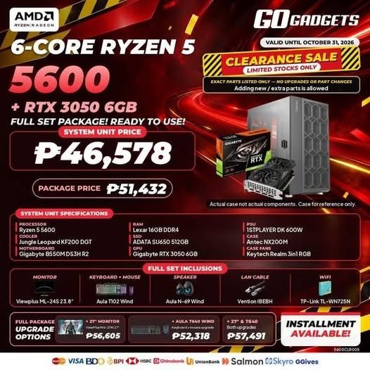 COMPUTER SET AMD RYZEN 5 5600 + RTX 3050 6GB GPU BUILD (Category: Desktops) located in Caloocan City. Submitted by joseph_elmido (Listing ID 1467290720, Image 1). Description: .