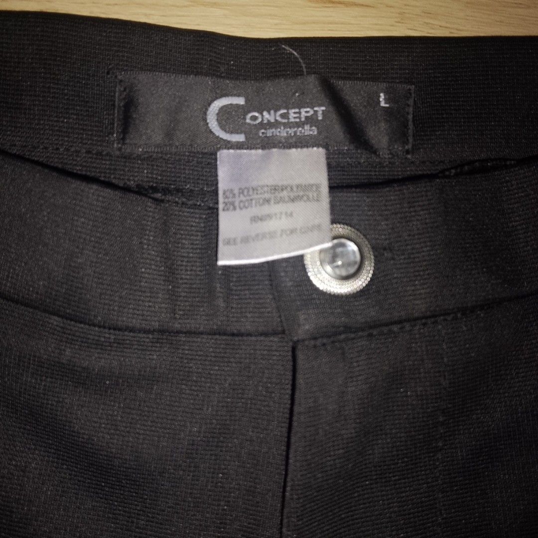 Concept Cinderella Black Pants Slacks Size L (Category: Other Bottoms) located in Quezon City. Submitted by macieee39997 (Listing ID 1467277786, Image 3). Description: - Brand: Concept Cinderella - Color: Black - Size: Large - Material: 80% Polyester, 20% Cotton - Fit: Straight leg cut - Features: Front pockets with button detail, single button waist closure - Condition: Clean and well-maintained.
