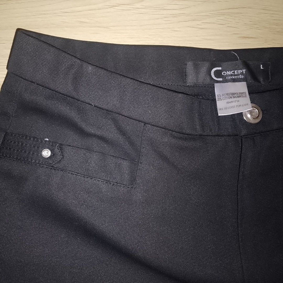 Concept Cinderella Black Pants Slacks Size L (Category: Other Bottoms) located in Quezon City. Submitted by macieee39997 (Listing ID 1467277786, Image 2). Description: - Brand: Concept Cinderella - Color: Black - Size: Large - Material: 80% Polyester, 20% Cotton - Fit: Straight leg cut - Features: Front pockets with button detail, single button waist closure - Condition: Clean and well-maintained.