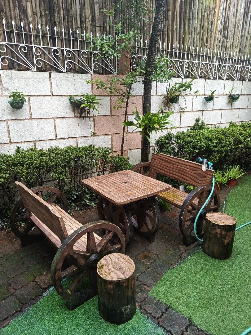 Concrete garden set for only 2,998 (Category: Outdoor Furniture) located in Rizal. Submitted by her_shey (Listing ID 1466971485, Image 1). Description: - Complete concrete garden set for backyard or patio lounging - Includes 2 rustic wagon wheel benches and a matching table - Includes 2 matching tree trunk side stools note: umbrella is NOT included hurry grab it now for only 2,998 pick up only.