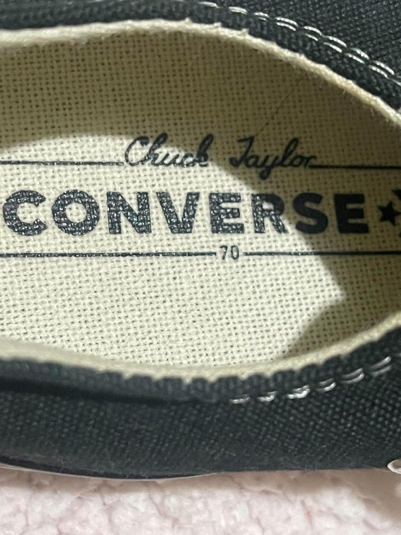 Converse Chuck 70 Black Low Top (Category: Sneakers) located in Manila. Submitted by rangya (Listing ID 1467297128, Image 3). Description: - Brand: Converse Chuck 70 - Style: Low top sneakers - Color: Classic black with white laces and contrast stitching - Size: 5.5 - Features: Glossy rubber toe cap, vintage license plates, and heavy interior cushioning - Sole: Durable brown waffle pattern - Material: Heavyweight canvas upper.