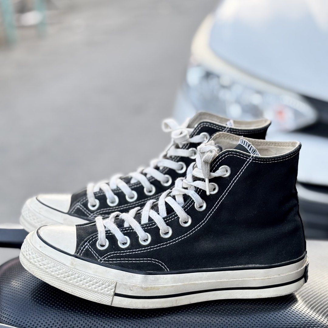 Converse Chuck Taylor 70s Black High Cut (Category: Sneakers) located in San Fernando. Submitted by kickslocker (Listing ID 1467206990, Image 2). Description: - Item: Converse Chuck Taylor 70s (High Cut) - Color: Classic Black with White Laces & Off-White Midsoles - Size: Tagged 6.5 (Fits Men's 7.5 / 25cm) - Condition: Clean uppers with minor wear on soles and midsoles - Style: Versatile, goes with everything - Status: Available, grab them before