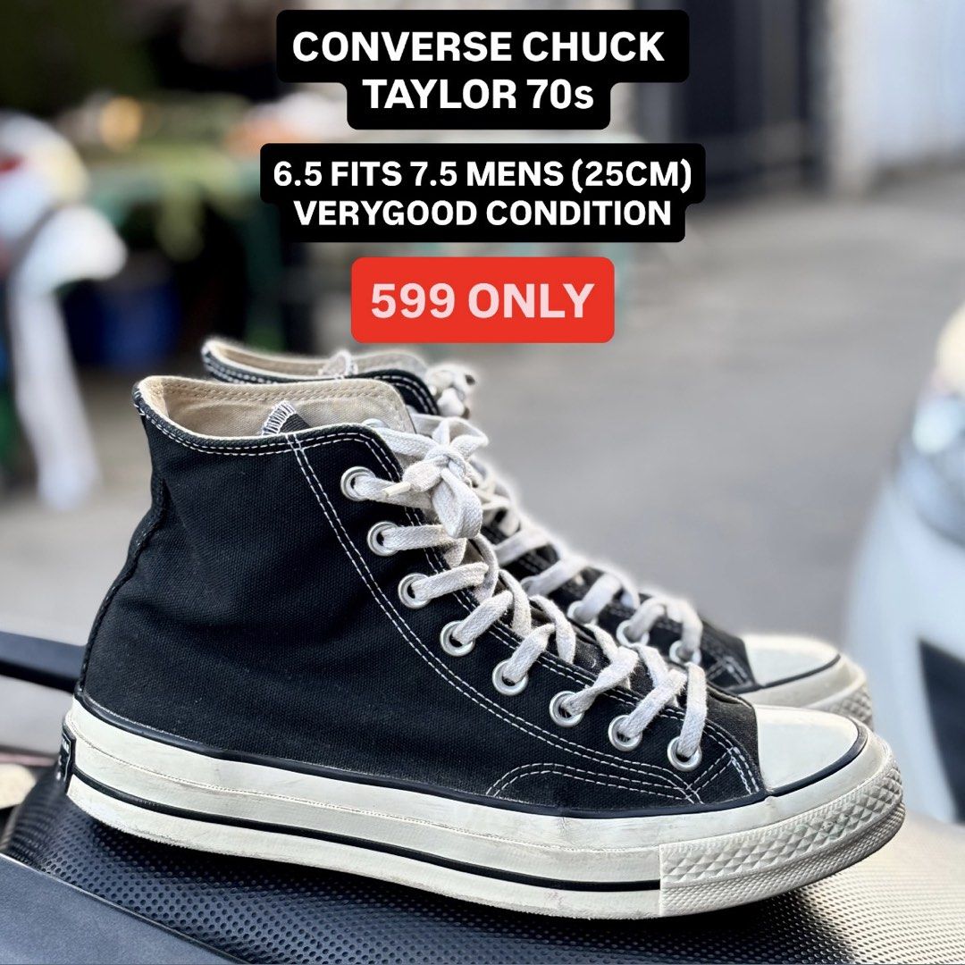 Converse Chuck Taylor 70s Black High Cut (Category: Sneakers) located in San Fernando. Submitted by kickslocker (Listing ID 1467206990, Image 1). Description: - Item: Converse Chuck Taylor 70s (High Cut) - Color: Classic Black with White Laces & Off-White Midsoles - Size: Tagged 6.5 (Fits Men's 7.5 / 25cm) - Condition: Clean uppers with minor wear on soles and midsoles - Style: Versatile, goes with everything - Status: Available, grab them before