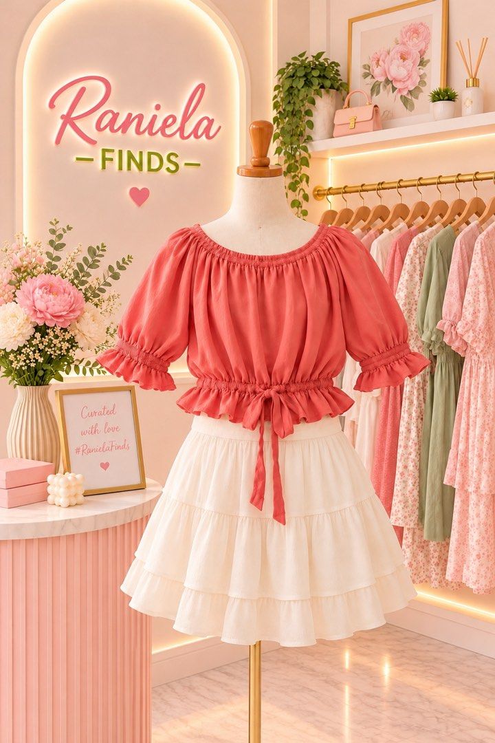 Coral Pink Off-Shoulder Top (Category: Blouses) located in Quezon City. Submitted by ranielafinds (Listing ID 1440911161, Image 1). Description: 🩷 Feminine & Chic Aesthetic 🩷 A lovely coral-pink off-shoulder top featuring a feminine silhouette, puff sleeves, and a cute front tie detail — perfect for creating effortless, stylish looks! ✨ Details: * Color: Coral Pink 🩷 * Design: Off-shoulder with an elastic neckline * Sleeves: 3/4 sleeves with r