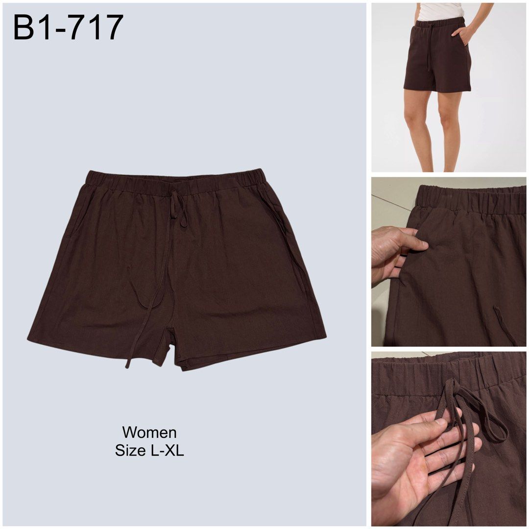 Cotton Linen Blend Drawstring Brown Shorts (Category: Shorts) located in Digos. Submitted by appareall (Listing ID 1467315664, Image 2). Description: B1-717 Approximate measurements (taken flat in inches) Waist: 33-34 .
