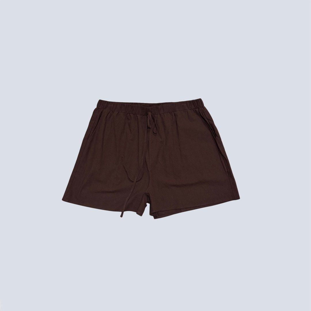 Cotton Linen Blend Drawstring Brown Shorts (Category: Shorts) located in Digos. Submitted by appareall (Listing ID 1467315664, Image 1). Description: B1-717 Approximate measurements (taken flat in inches) Waist: 33-34 .