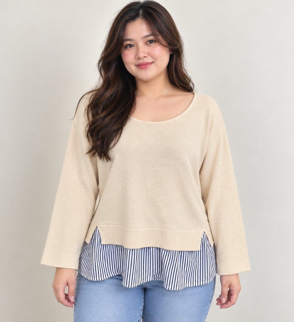 Cream Knit Sweater with Striped Layered Hem (Category: Coats, Jackets and Outerwear) located in San Mateo. Submitted by sellbypelle (Listing ID 1467289726, Image 1). Description: Pre loved 🌸 Brand: N+ Actual Measurements W: 20 (40 bust) L : 27.5 inch Issue: pilling Location: Rizal 💰 Payment: GCash — pay first 📦 Shipping: + sf via J&T only 🗓️ Batch shipping: Once a week 💡 Actual color may vary slightly due to lighting and screen settings..