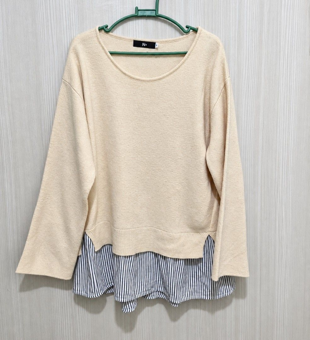 Cream Knit Sweater with Striped Layered Hem (Category: Coats, Jackets and Outerwear) located in San Mateo. Submitted by sellbypelle (Listing ID 1467289726, Image 2). Description: Pre loved 🌸 Brand: N+ Actual Measurements W: 20 (40 bust) L : 27.5 inch Issue: pilling Location: Rizal 💰 Payment: GCash — pay first 📦 Shipping: + sf via J&T only 🗓️ Batch shipping: Once a week 💡 Actual color may vary slightly due to lighting and screen settings..