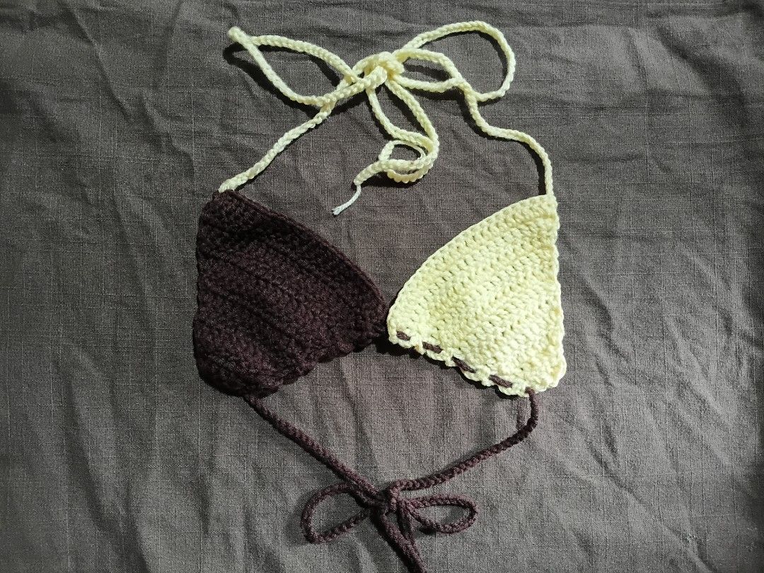Crochet Halter Top Brown Yellow (Category: Sleeveless) located in Aroroy. Submitted by cloudspun (Listing ID 1467244530, Image 1). Description: - Handmade crochet halter top - Unique two-tone brown and yellow color block design - Adjustable ties at the neck and back for a custom fit - Brand new, unworn, and properly stored - Perfect for beach days and summer outfits.