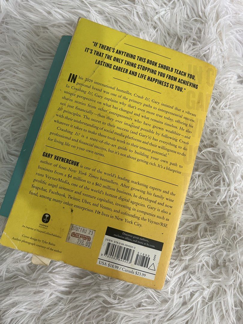 Crushing It! by Gary Vaynerchuk paperback book (Category: Storybooks) located in Manila. Submitted by la_apparel (Listing ID 1467209883, Image 2). Description: Gary Vaynerchuk's bestselling book on building business and influence through social media platforms like Instagram, Facebook, and Twitter. Paperback edition published by Harper Business. Read once, pages inside are clean and intact. Spine shows crease marks from reading, corners have slig