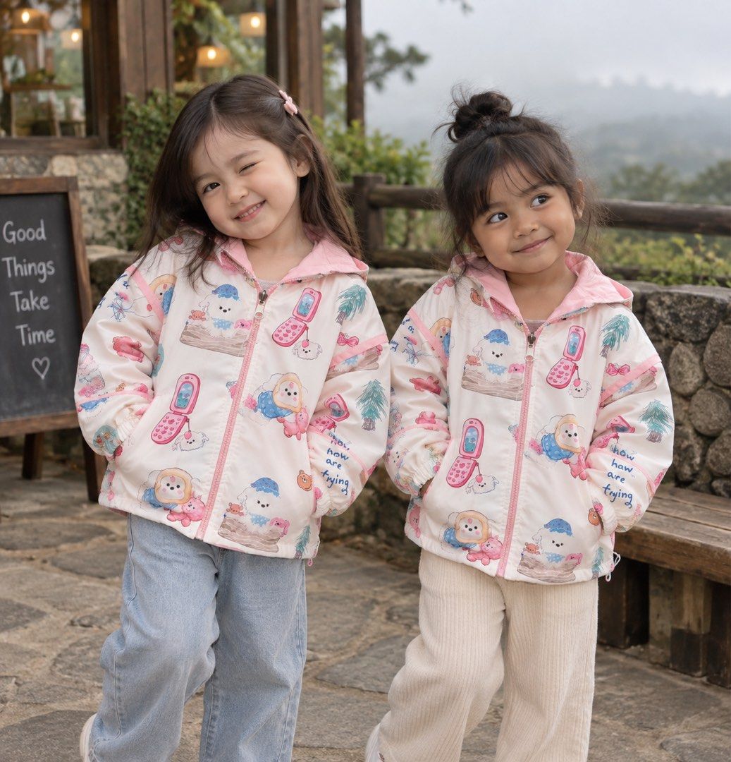 Cute Reversible Pink Kids Jacket With Hood (Category: Babies & Kids Fashion) located in Quezon City. Submitted by ad.kloset (Listing ID 1467215722, Image 2). Description: - Brand new with tag attached - Fully reversible design (pink or playful animal pattern) - Features a matching hood and full front zipper - Versatile everyday outerwear for kids - Sizes available: 100 to 150 (fits ages 1 to 7 years old).