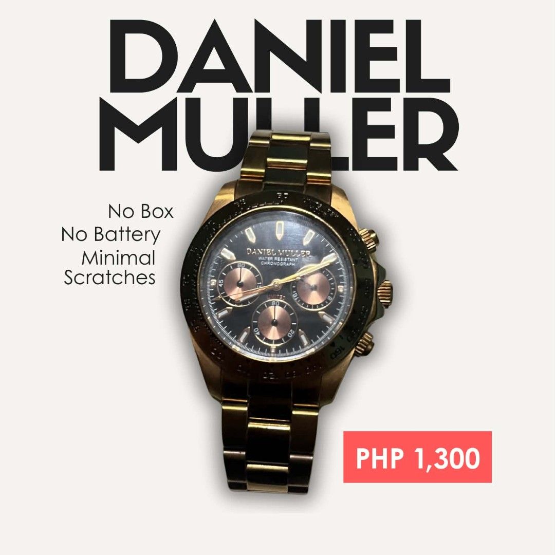 Daniel Muller Gold Watch (Category: Women's Watches) located in Manila. Submitted by razorhail776341 (Listing ID 1467200788, Image 1). Description: - Brand: Daniel Muller chronograph watch - Design: Gold-tone finish with black dial, rose gold sub-dials, and matching hands - Strap: Metal link bracelet - Condition: Minimal surface scratches from handling; needs battery replacement - Inclusion: Watch only (no original box) - Price: Affordably priced