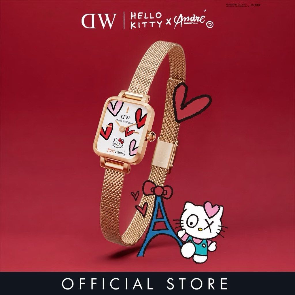 Daniel Wellington x Hello Kitty x Andre Watch (Category: Women's Watches) located in Manila. Submitted by janetecson05 (Listing ID 1467203467, Image 1). Description: - Brand new in box: Daniel Wellington x Kitty collaboration watch with Andre artwork - Elegant rose gold finish with a unique square dial - Features cute heart illustrations and iconic Kitty graphics - Stylish and comfortable mesh strap - Complete set: Includes a special edition red 