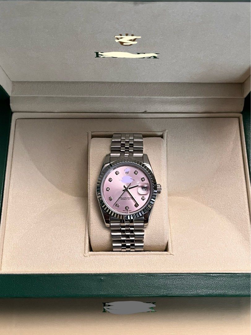 Datejust 36 Pink Diamond Dial (Category: Luxury Watches) located in Manila. Submitted by stanlicu (Listing ID 1467333754, Image 3). Description: Ref. 278274 BPF SupC - Datejust 36mm Pink Diamond Hour Markers Dial - Automatic Movement (Manual Winding and Hacking) - Miyota 8215 Movement (used in Citizen watches) - Oyster Clasp - Complete Links - 904L Stainless steel case and bracelet - Complete set of papers and box - Available in 36mm and 31mm Pre