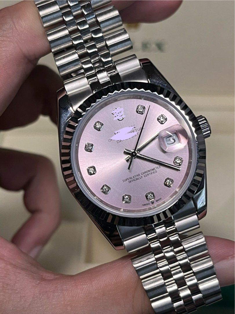 Datejust 36 Pink Diamond Dial (Category: Luxury Watches) located in Manila. Submitted by stanlicu (Listing ID 1467333754, Image 1). Description: Ref. 278274 BPF SupC - Datejust 36mm Pink Diamond Hour Markers Dial - Automatic Movement (Manual Winding and Hacking) - Miyota 8215 Movement (used in Citizen watches) - Oyster Clasp - Complete Links - 904L Stainless steel case and bracelet - Complete set of papers and box - Available in 36mm and 31mm Pre